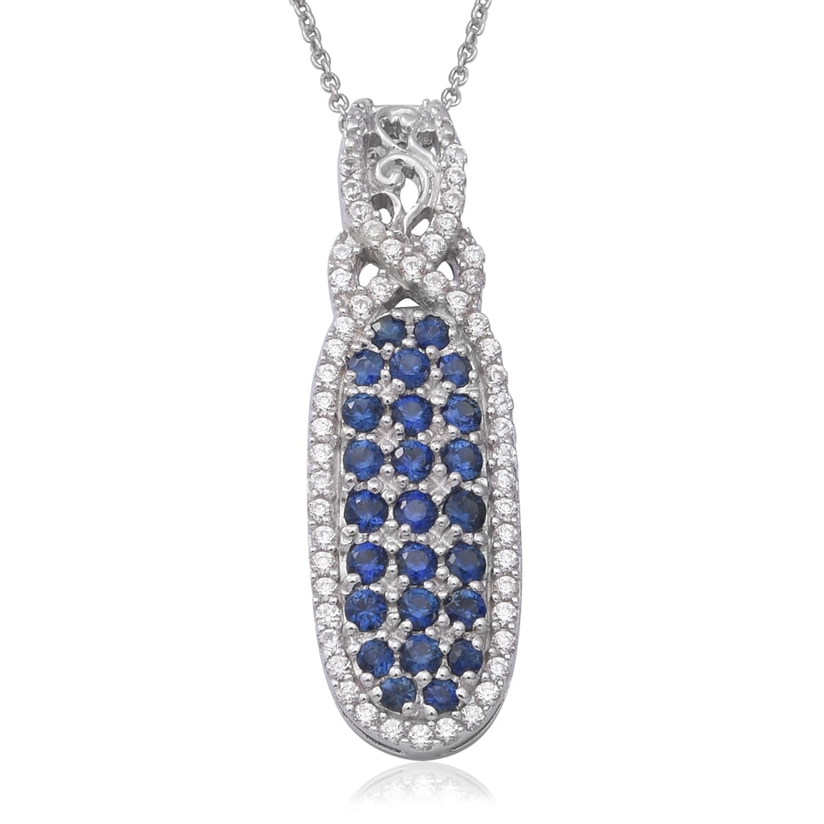 Premium Kanchanaburi Blue Sapphire and White Zircon Infinity Cocktail Pendant Necklace 18 Inches in Platinum Over Sterling Silver 2.50 ctw image number 0