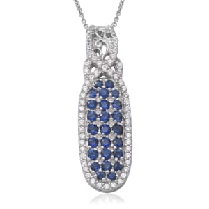 Premium Kanchanaburi Blue Sapphire and White Zircon Infinity Cocktail Pendant Necklace 18 Inches in Platinum Over Sterling Silver 2.50 ctw