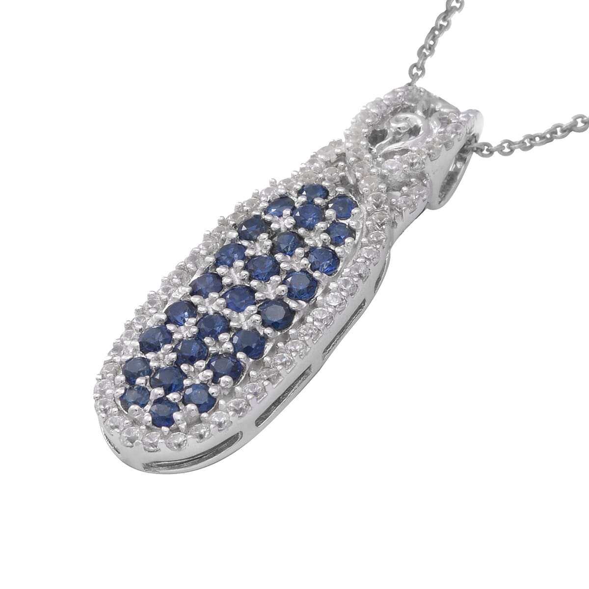 Premium Kanchanaburi Blue Sapphire and White Zircon Infinity Cocktail Pendant Necklace 18 Inches in Platinum Over Sterling Silver 2.50 ctw image number 2