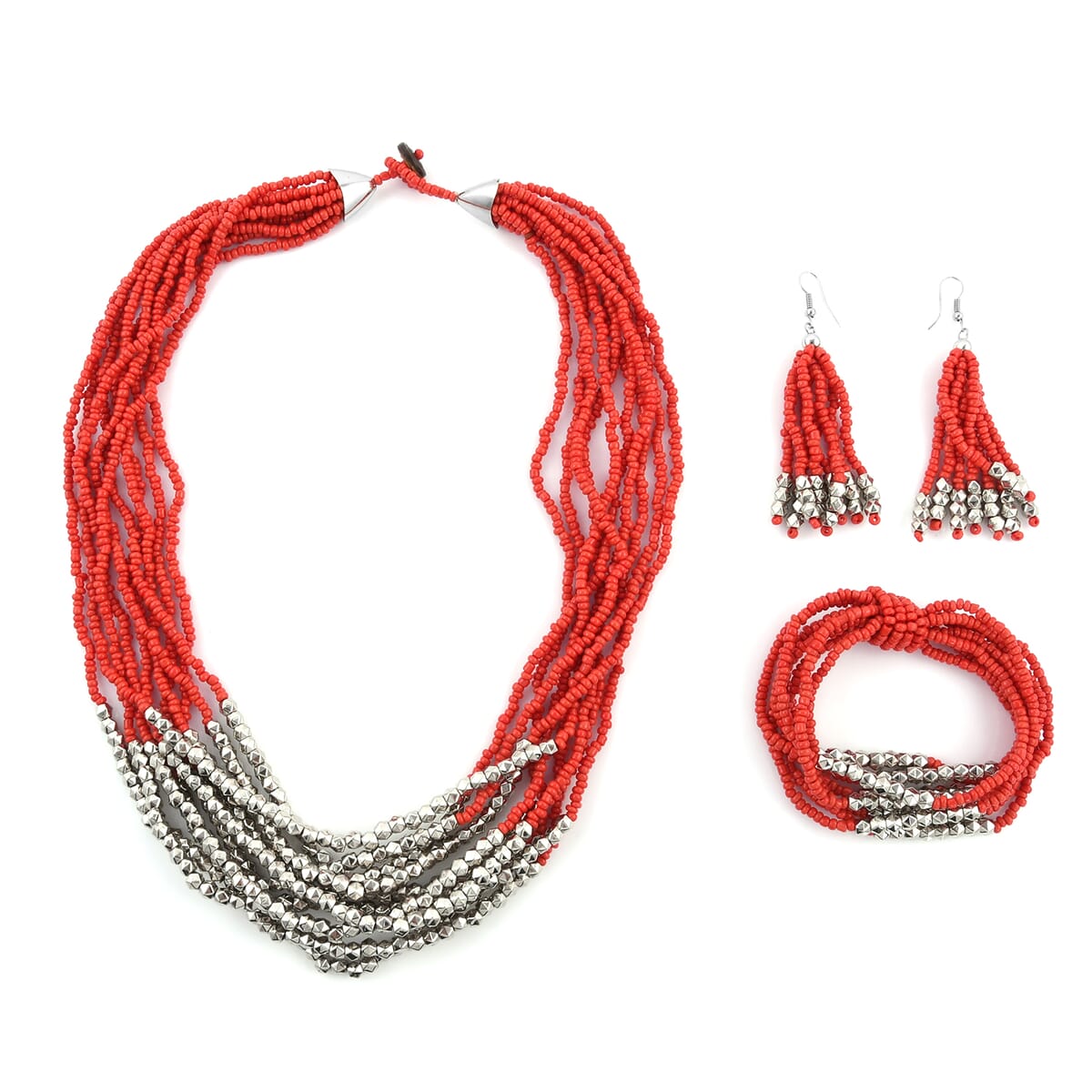 Red Seed Beaded Earrings, Wrap Bracelet and Multi Strand Necklace in Stainless Steel 22 Inches image number 0