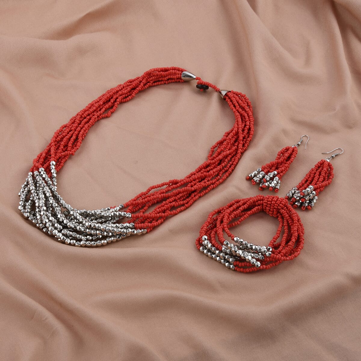 Red Seed Beaded Earrings, Wrap Bracelet and Multi Strand Necklace in Stainless Steel 22 Inches image number 1