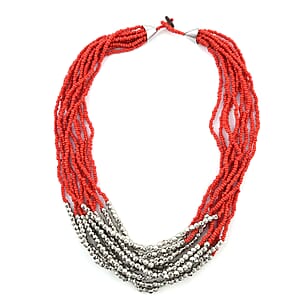 Red Seed Beaded Earrings, Wrap Bracelet and Multi Strand Necklace in Stainless Steel 22 Inches