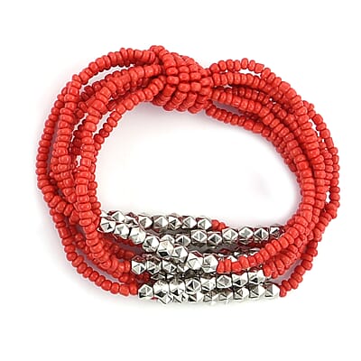Red Seed Beaded Earrings, Wrap Bracelet and Multi Strand Necklace in Stainless Steel 22 Inches