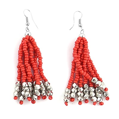 Red Seed Beaded Earrings, Wrap Bracelet and Multi Strand Necklace in Stainless Steel 22 Inches