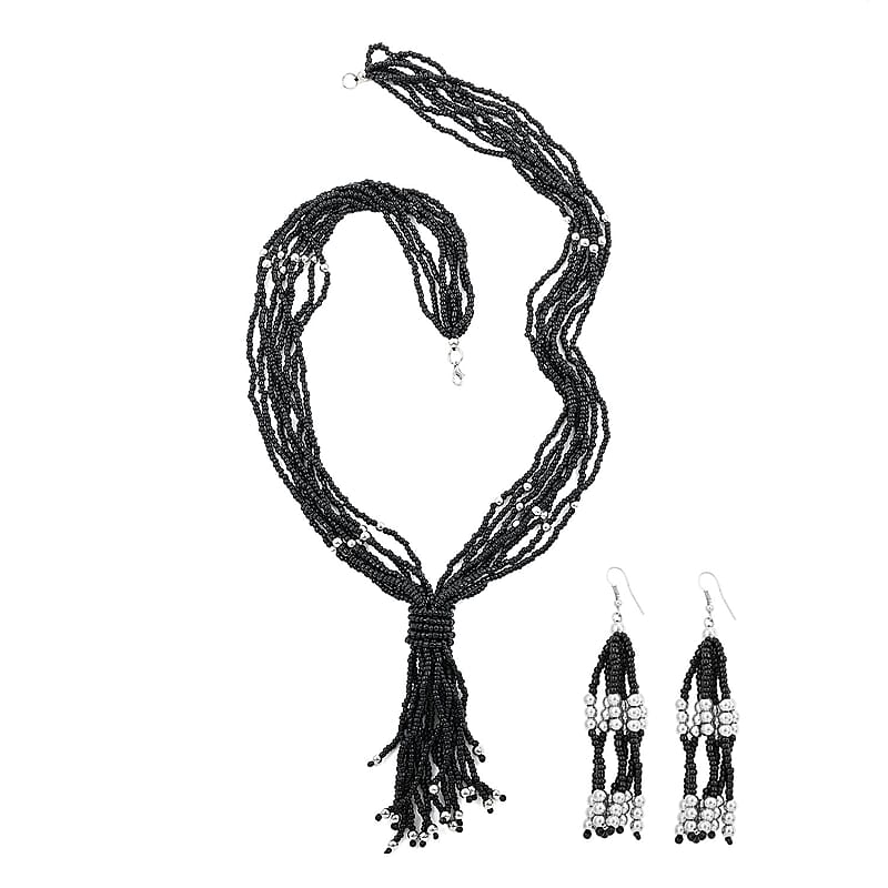 Black Resin, Dangle Earrings, Stretch Bracelet and Necklace in Stainless Steel