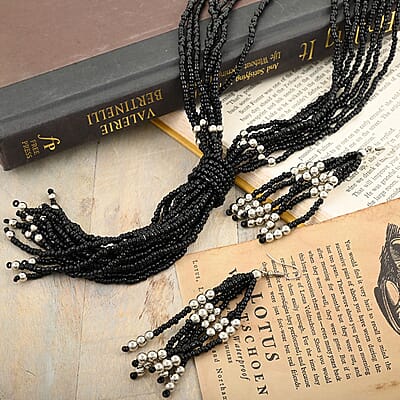 Black Resin, Dangle Earrings, Stretch Bracelet and Necklace in Stainless Steel