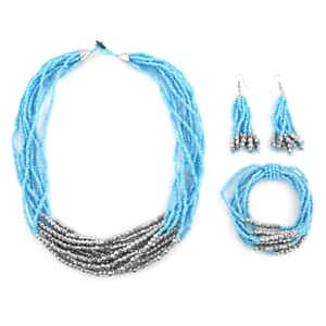 Blue Seed Beaded Multi Strand Necklace, Stretch Bracelet and Earrings