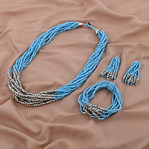 Blue Seed Beaded Multi Strand Necklace, Stretch Bracelet and Earrings