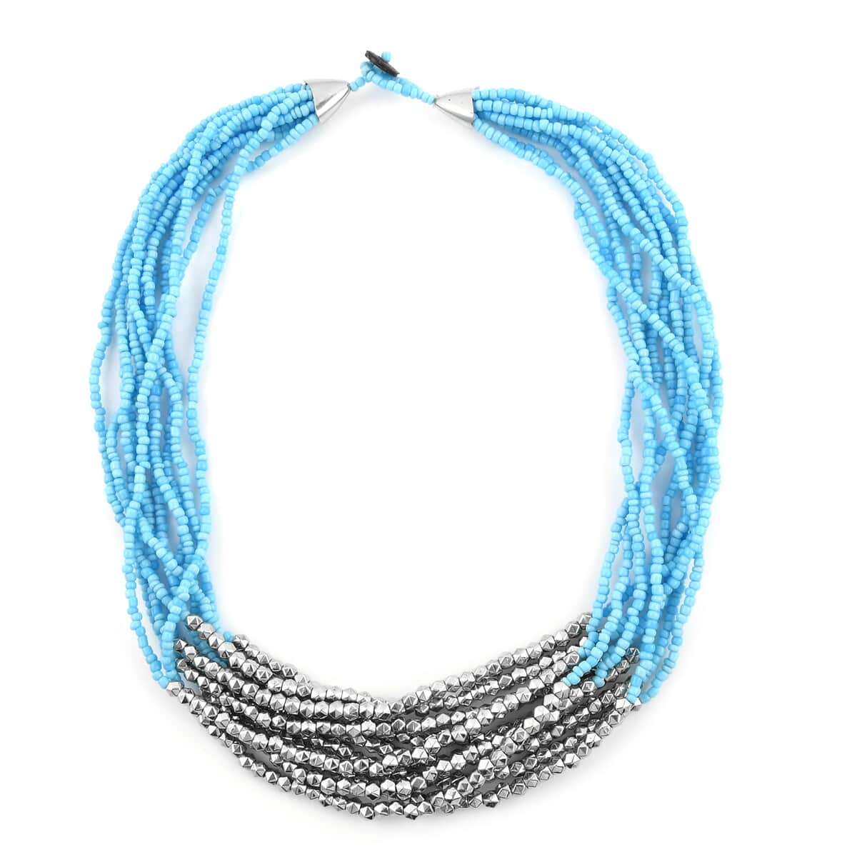 Blue Seed Beaded Multi Strand Necklace, Stretch Bracelet and Earrings image number 2