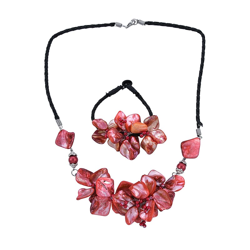 Red Seed Beaded Floral Necklace 20 Inches and Stretch Bracelet (8In) in Silvertone