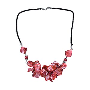 Red Seed Beaded Floral Necklace 20 Inches and Stretch Bracelet (8In) in Silvertone