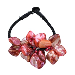 Red Seed Beaded Floral Necklace 20 Inches and Stretch Bracelet (8In) in Silvertone