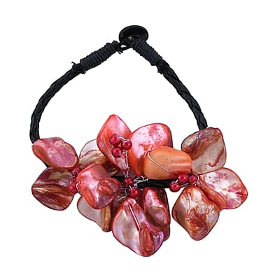 Red Seed Beaded Floral Necklace 20 Inches and Stretch Bracelet (8In) in Silvertone