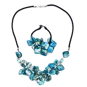 Navy Blue Seed Beaded Floral Necklace 20 Inches and Stretch Bracelet (8In) in Silvertone