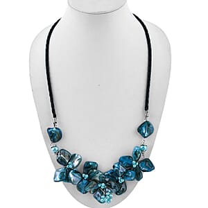 Navy Blue Seed Beaded Floral Necklace 20 Inches and Stretch Bracelet (8In) in Silvertone