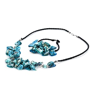 Navy Blue Seed Beaded Floral Necklace 20 Inches and Stretch Bracelet (8In) in Silvertone