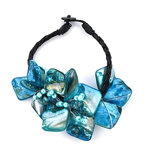 Navy Blue Seed Beaded Floral Necklace 20 Inches and Stretch Bracelet (8In) in Silvertone