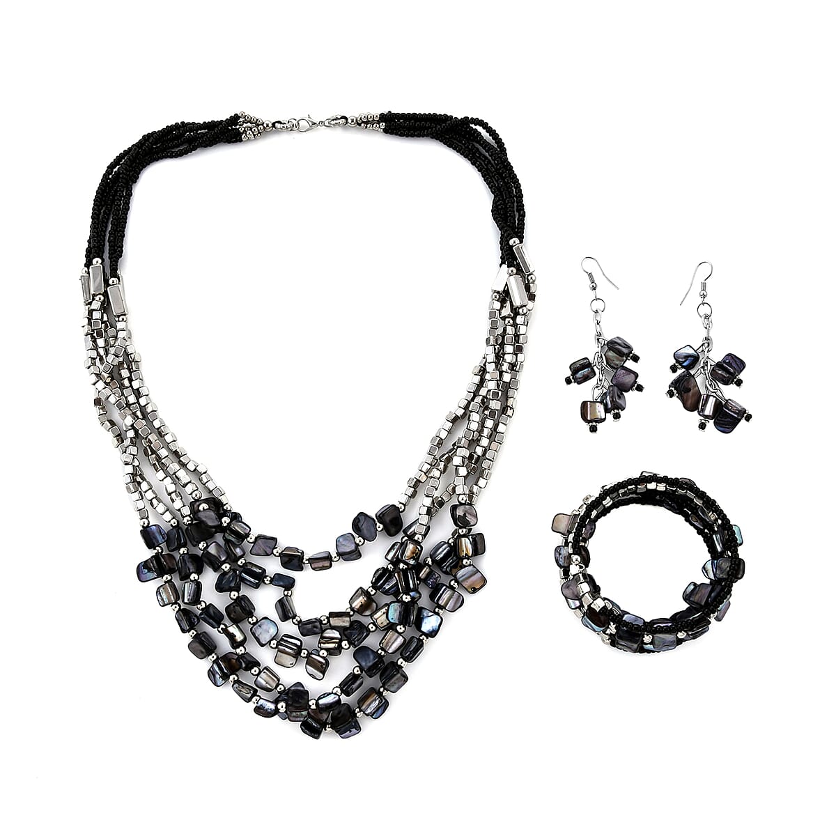 Black Seed Bead Earrings, Wrap Bracelet and Multi Strand Necklace 22 Inches in Stainless Steel image number 0