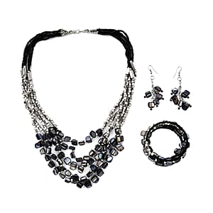 Black Seed Bead Earrings, Wrap Bracelet and Multi Strand Necklace 22 Inches in Stainless Steel
