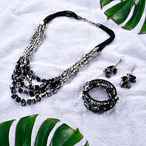 Black Seed Bead Earrings, Wrap Bracelet and Multi Strand Necklace 22 Inches in Stainless Steel
