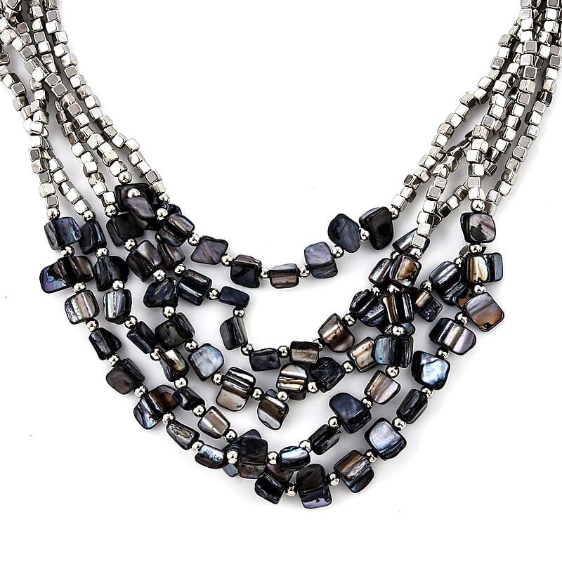 Black Seed Bead Earrings, Wrap Bracelet and Multi Strand Necklace 22 Inches in Stainless Steel