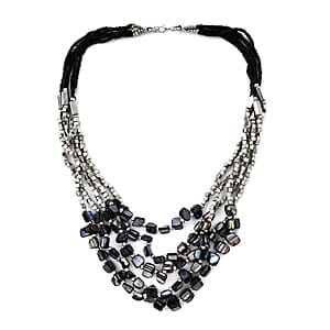 Black Seed Bead Earrings, Wrap Bracelet and Multi Strand Necklace 22 Inches in Stainless Steel