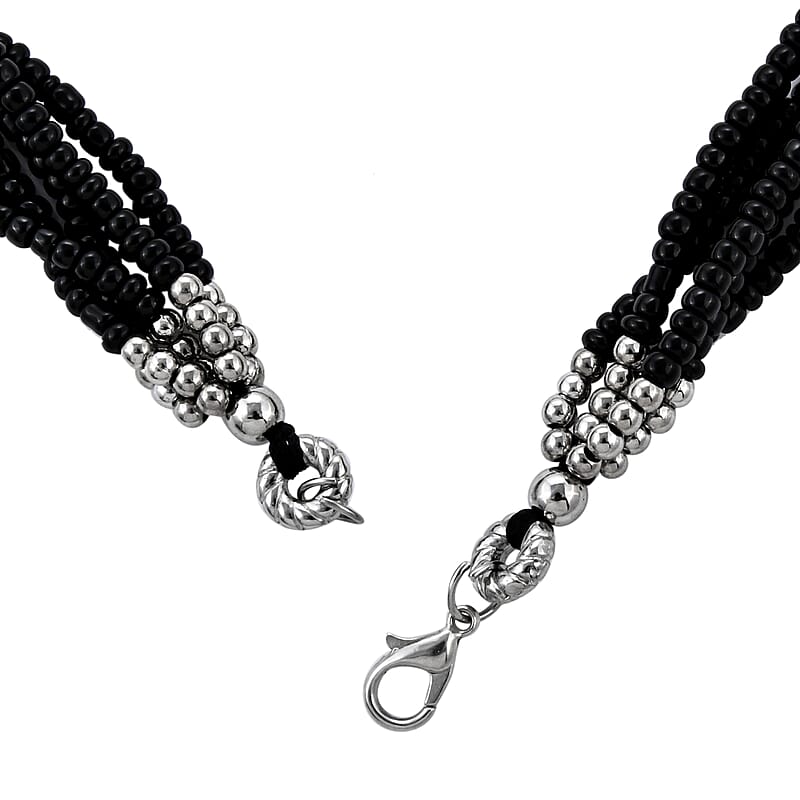 Black Seed Bead Earrings, Wrap Bracelet and Multi Strand Necklace 22 Inches in Stainless Steel