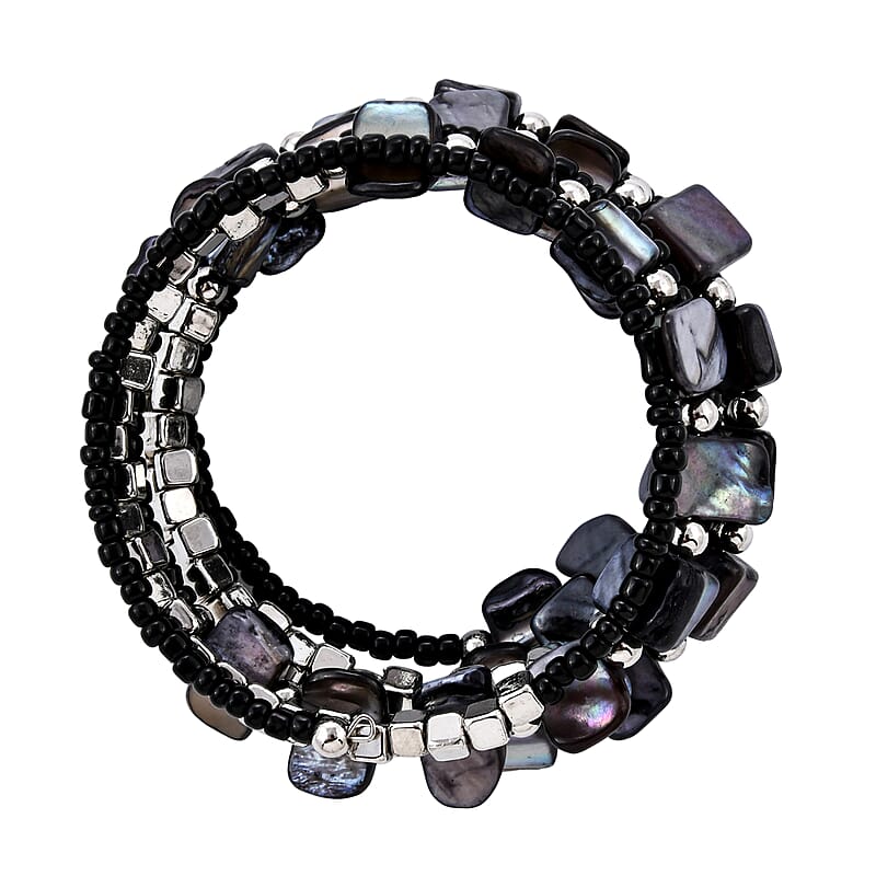 Black Seed Bead Earrings, Wrap Bracelet and Multi Strand Necklace 22 Inches in Stainless Steel