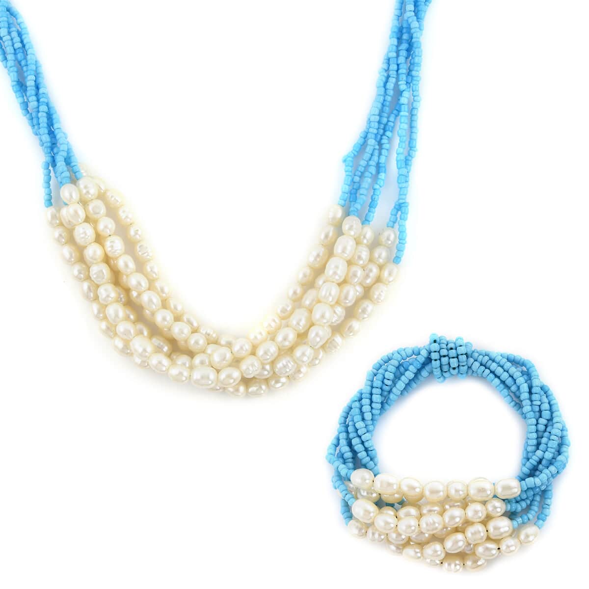 Blue Seed Beads, Multi Strand Necklace 16 Inches and Stretch Bracelet image number 0