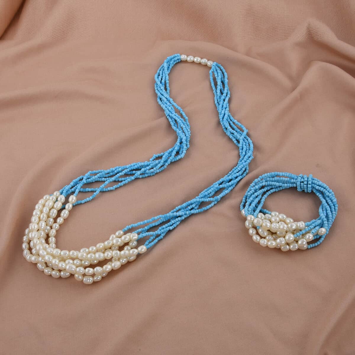 Blue Seed Beaded Multi Strand Necklace 16 Inches and Stretch Bracelet image number 1