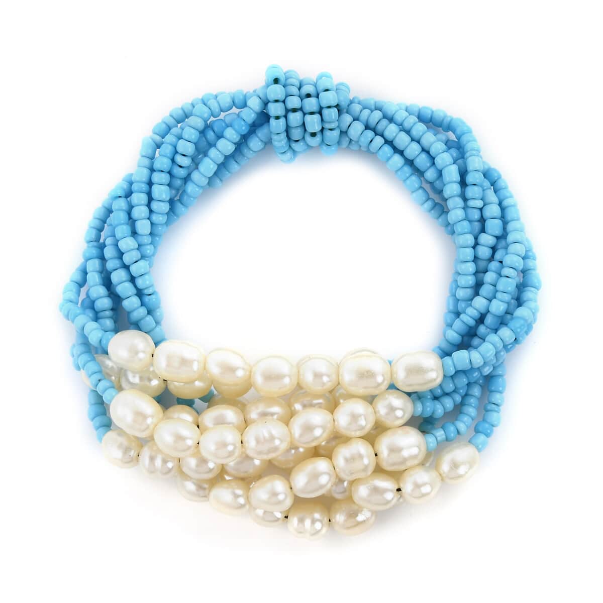 Blue Seed Beaded Multi Strand Necklace 16 Inches and Stretch Bracelet image number 4