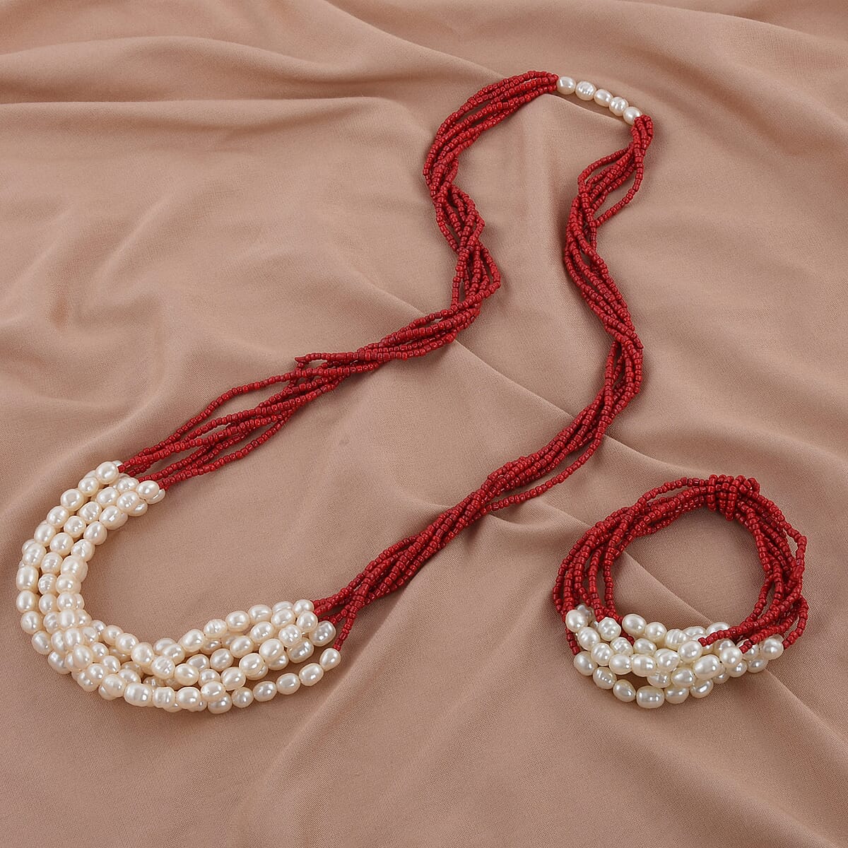 Red Seed Beaded Multi Strand Necklace 16 Inches and Stretch Bracelet image number 1