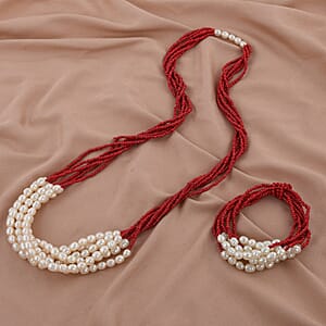 Red Seed Beaded Multi Strand Necklace 16 Inches and Stretch Bracelet