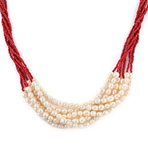 Red Seed Beaded Multi Strand Necklace 16 Inches and Stretch Bracelet