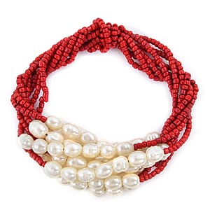 Red Seed Beaded Multi Strand Necklace 16 Inches and Stretch Bracelet