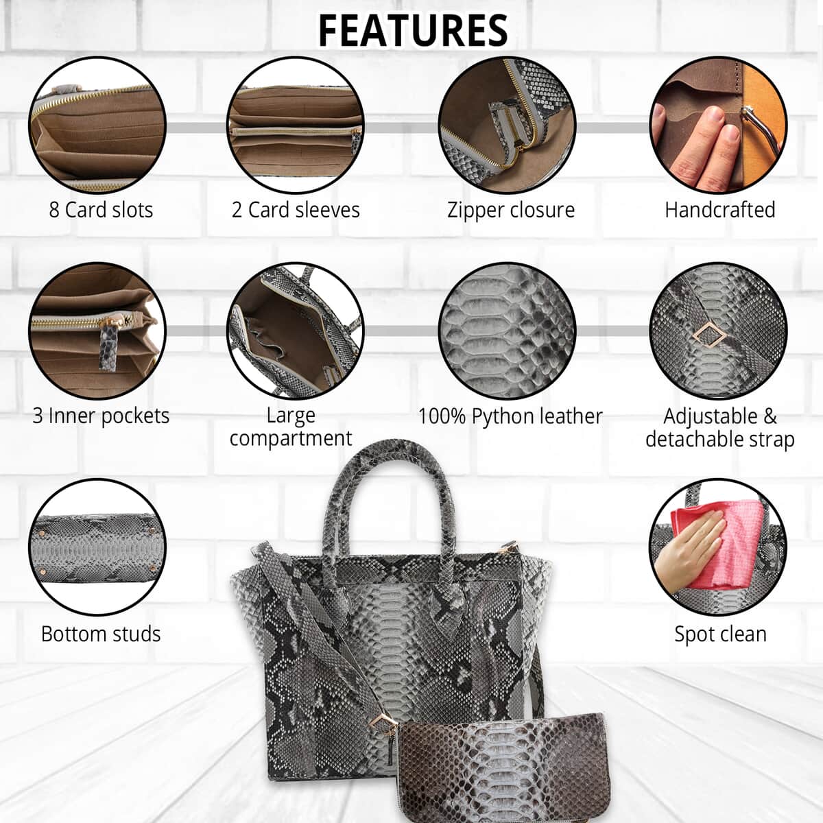 The Grand Pelle Handcrafted Grey with White Color 100 % Genuine Python Leather Tote Bag with Wallet (14.00"x10.00"x5.91") (7.90"x4.40"x1.60") image number 1