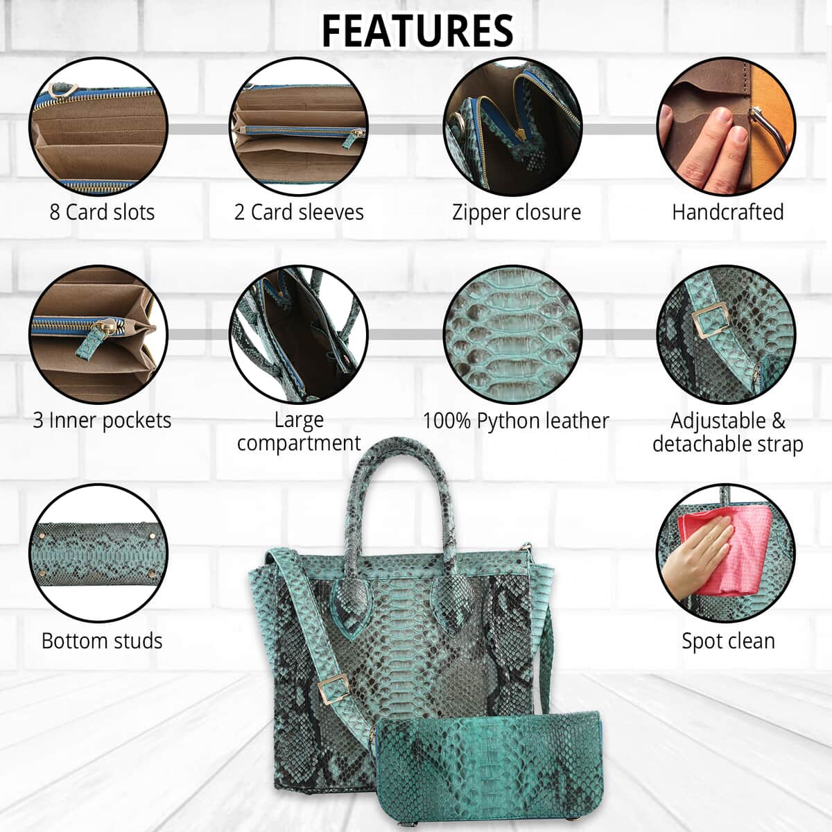 The Grand Pelle Handcrafted Turquoise Color Genuine Python Leather Tote Bag for Women with Wallet, Designer Tote Bags, Ladies Purse, Shoulder Handbags, Leather Wallet image number 1