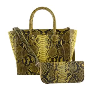 The Grand Pelle Handcrafted Yellow Color Genuine Python Leather Tote Bag for Women with Wallet, Designer Tote Bags, Ladies Purse, Shoulder Handbags, Leather Wallet