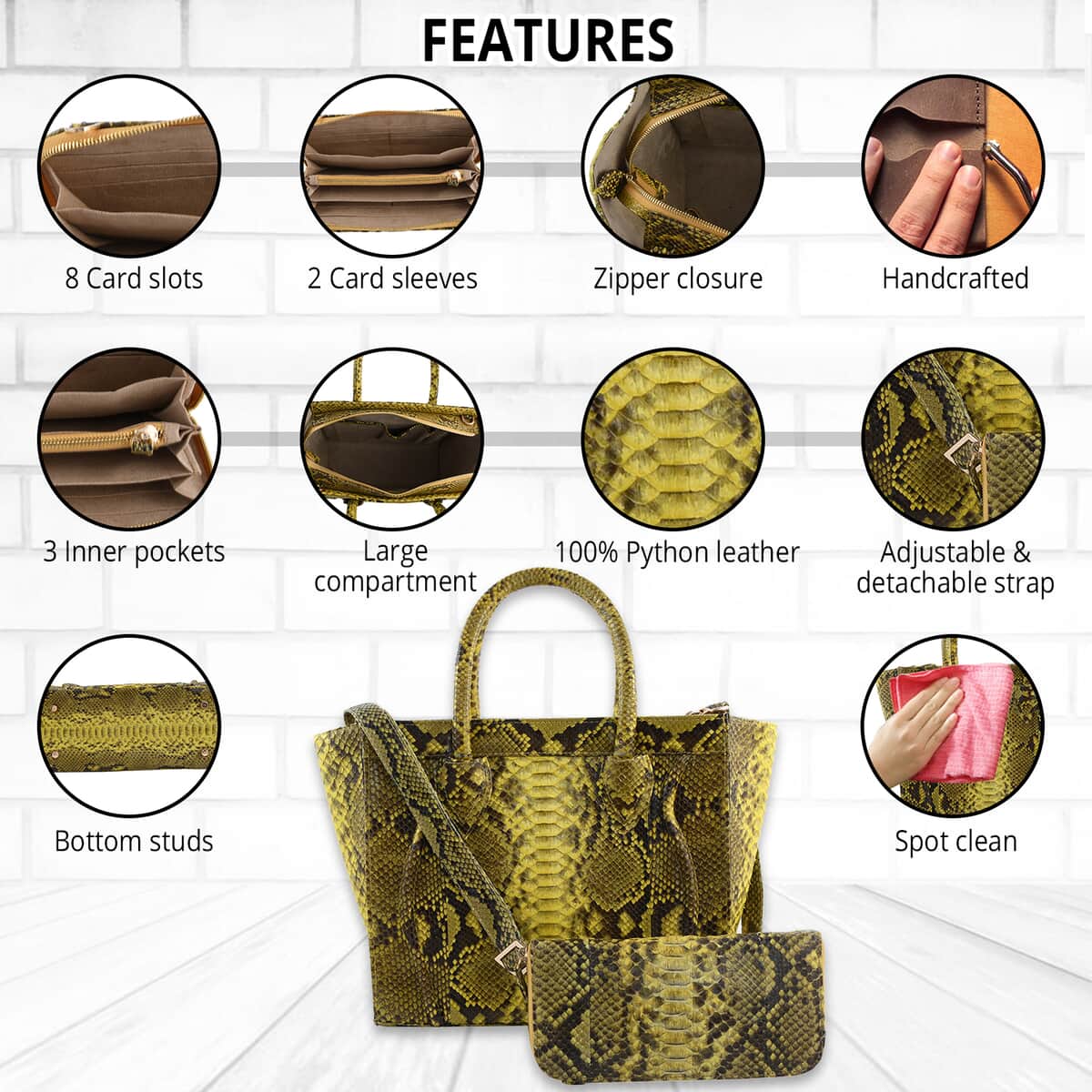 The Grand Pelle Handcrafted Yellow Color Genuine Python Leather Tote Bag for Women with Wallet, Designer Tote Bags, Ladies Purse, Shoulder Handbags, Leather Wallet image number 1