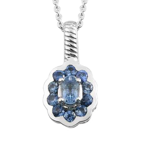 Ceylon Blue Sapphire Halo Pendant Necklace 20 Inches in Platinum Over Sterling Silver 0.70 ctw image number 0