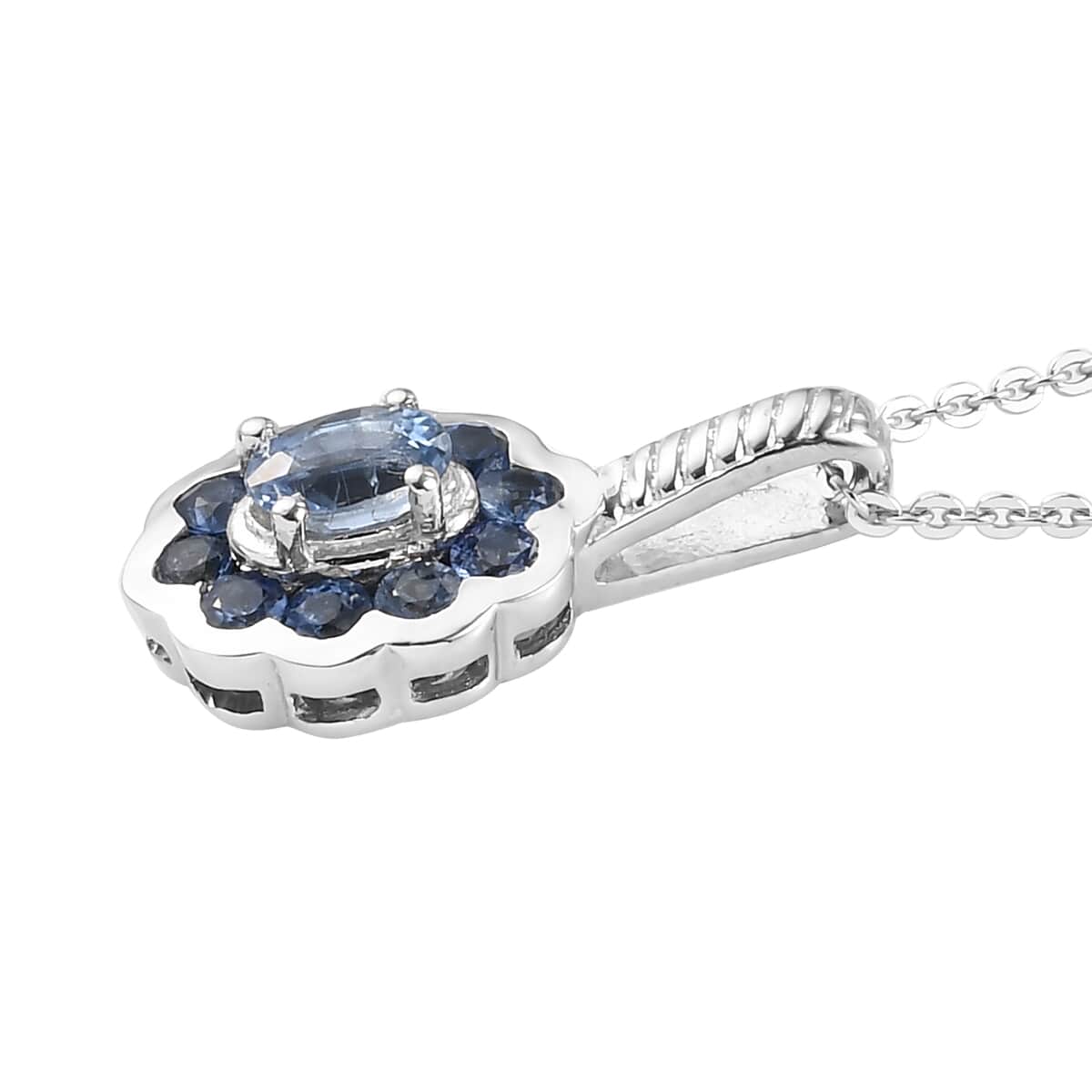 Ceylon Blue Sapphire Halo Pendant Necklace 20 Inches in Platinum Over Sterling Silver 0.70 ctw image number 3