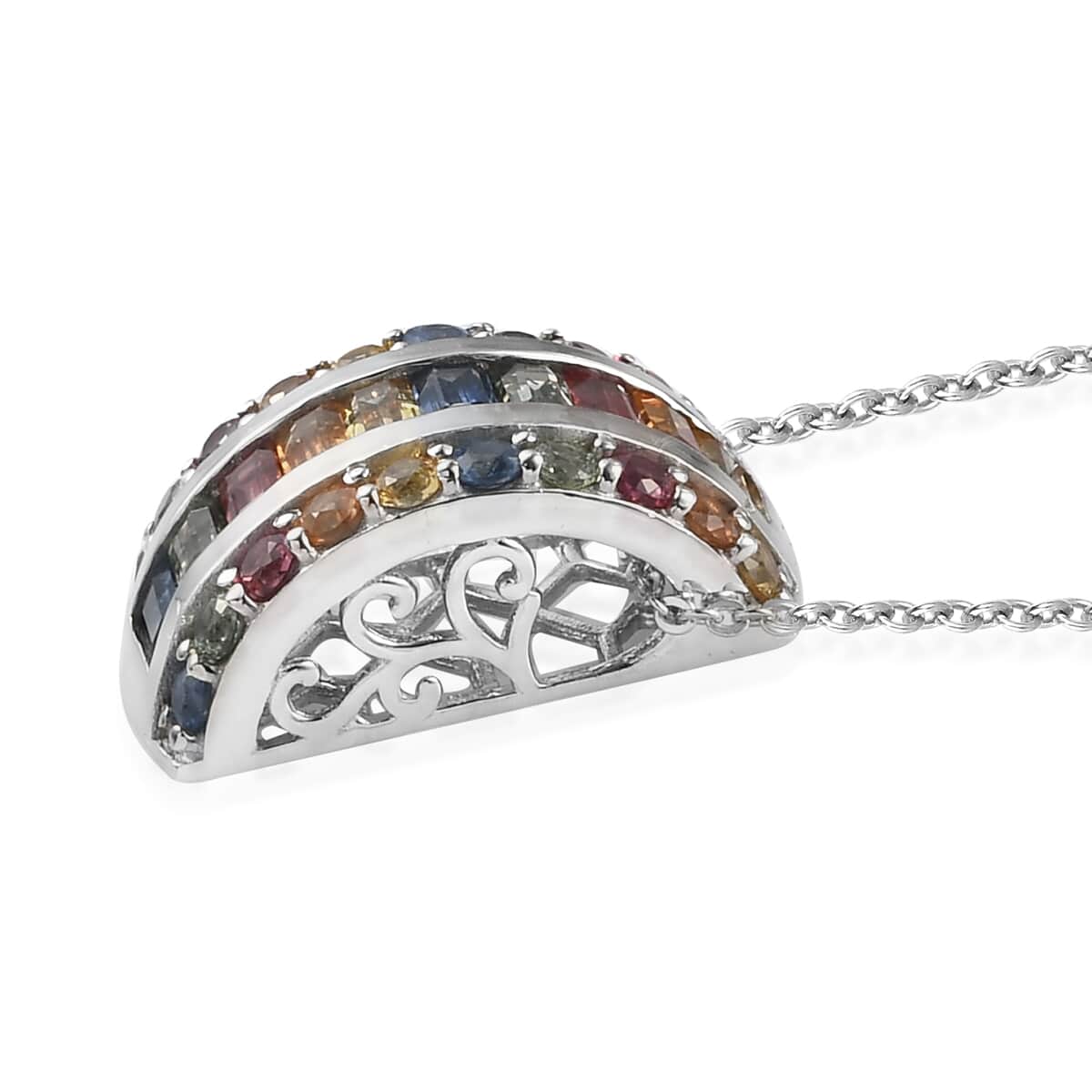 Multi Sapphire Pendant Necklace 20 Inches in Platinum Over Sterling Silver 2.10 ctw image number 3