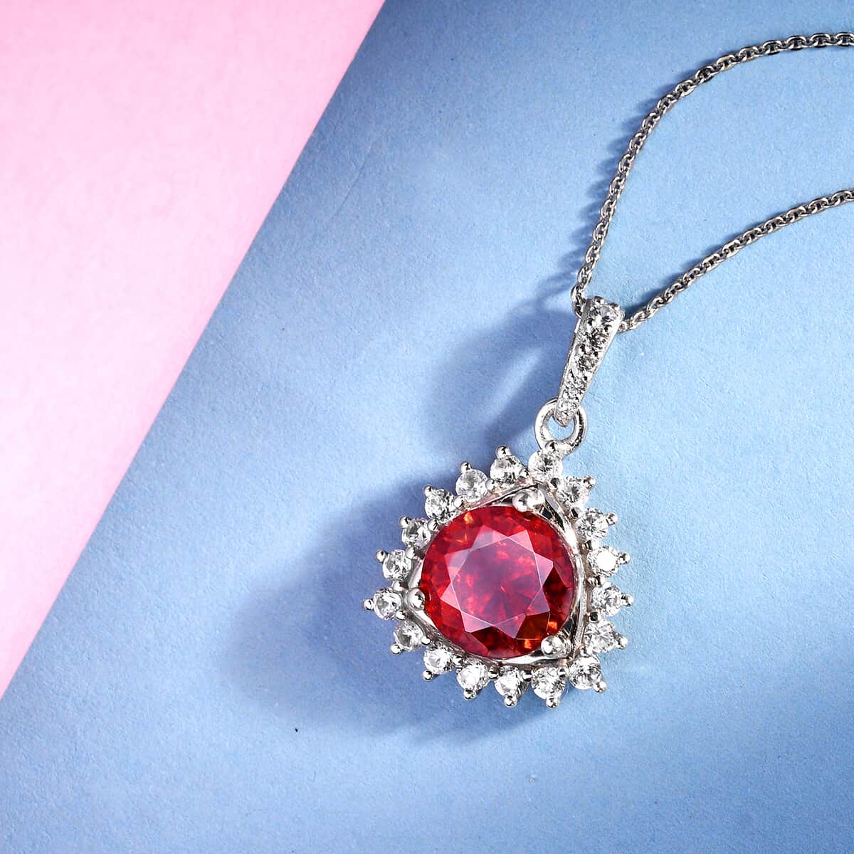 Picos Altos Red Sphalerite and Zircon Sunburst Pendant Necklace 20 Inches in Platinum Over Sterling Silver 4.75 ctw image number 1