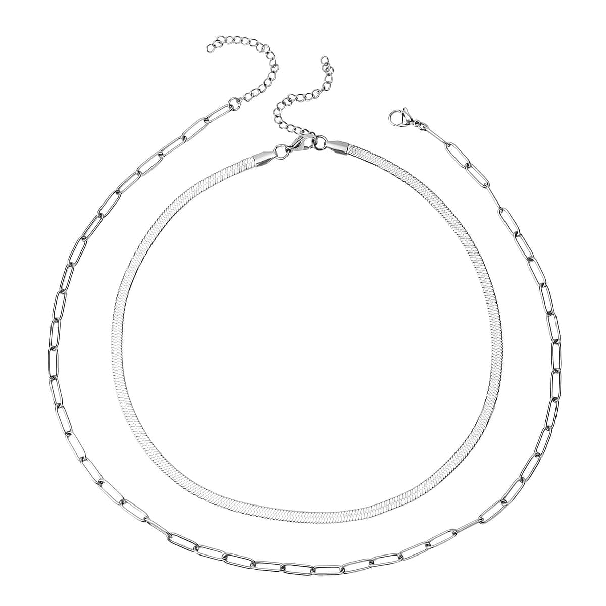 Set of 2 Snake & Paper Linked Chain Necklace in Stainless Steel (16-18/18-21 Inches) image number 0