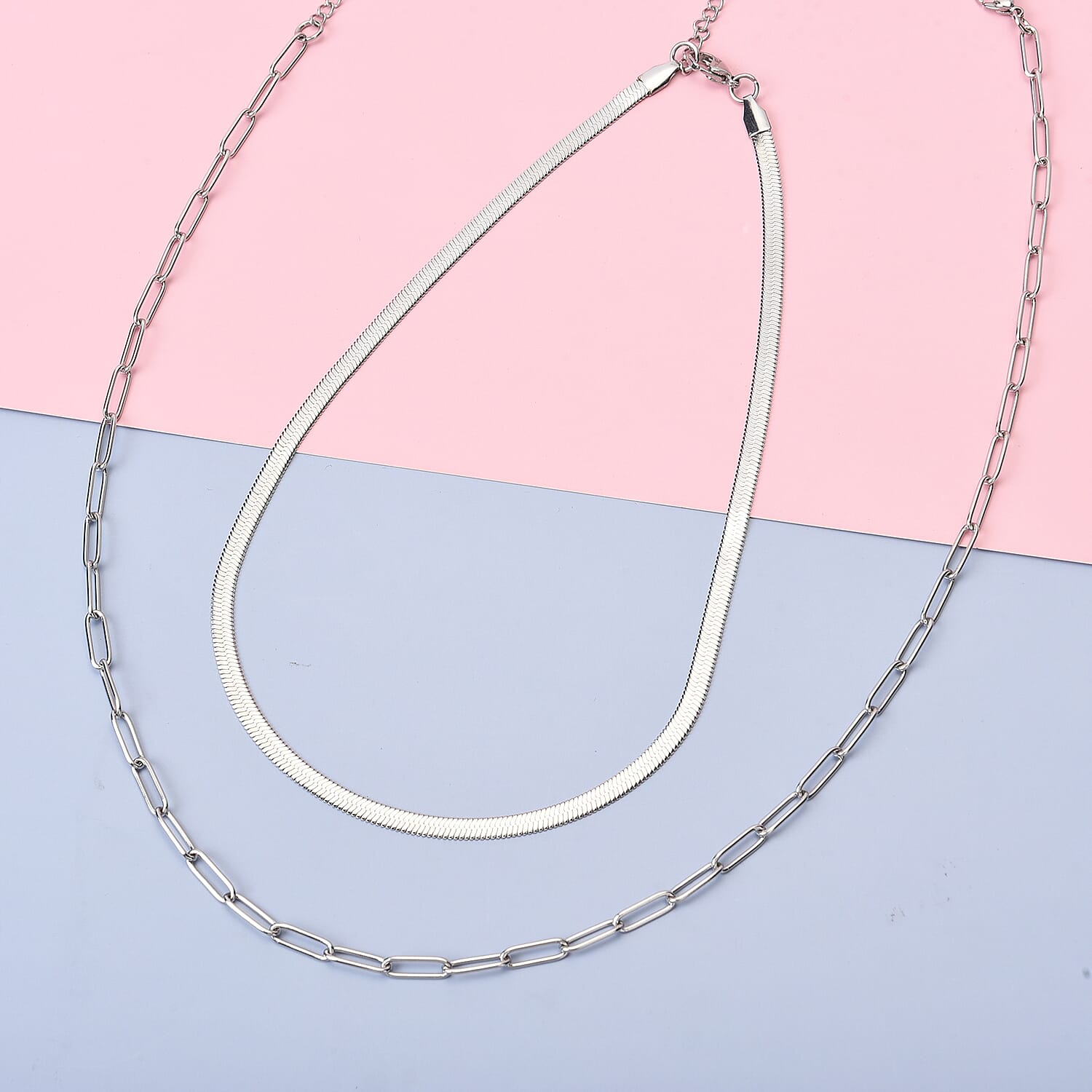 Set of 2 Snake & Paper Linked Chain Necklace in Stainless Steel (16-18/18-21 Inches)