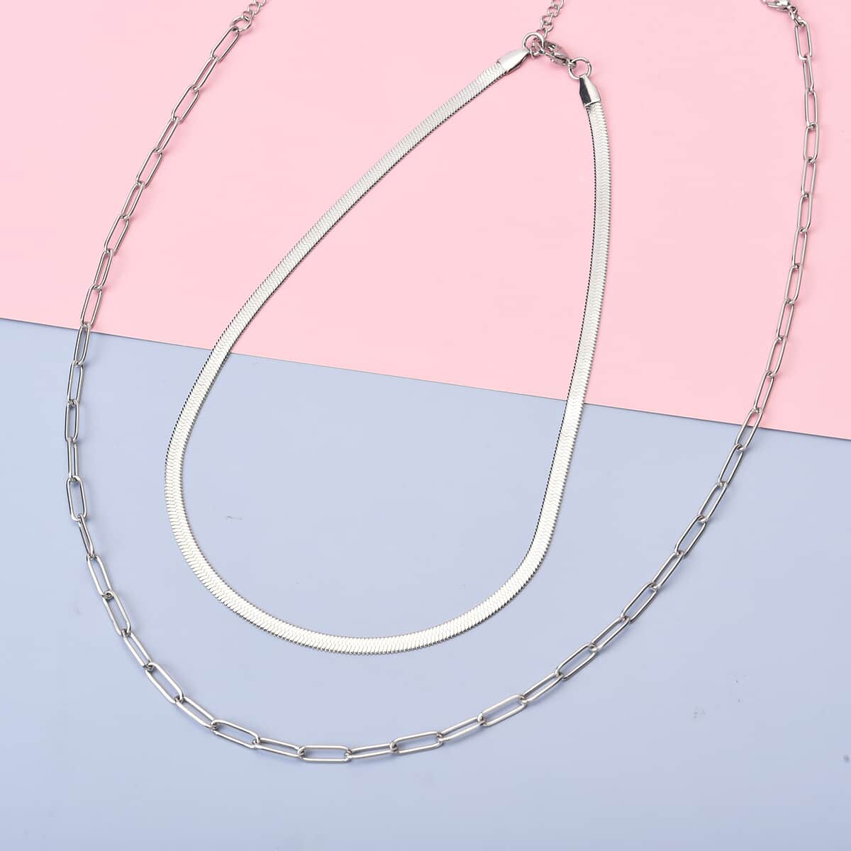 Set of 2 Snake & Paper Linked Chain Necklace in Stainless Steel (16-18/18-21 Inches) image number 1