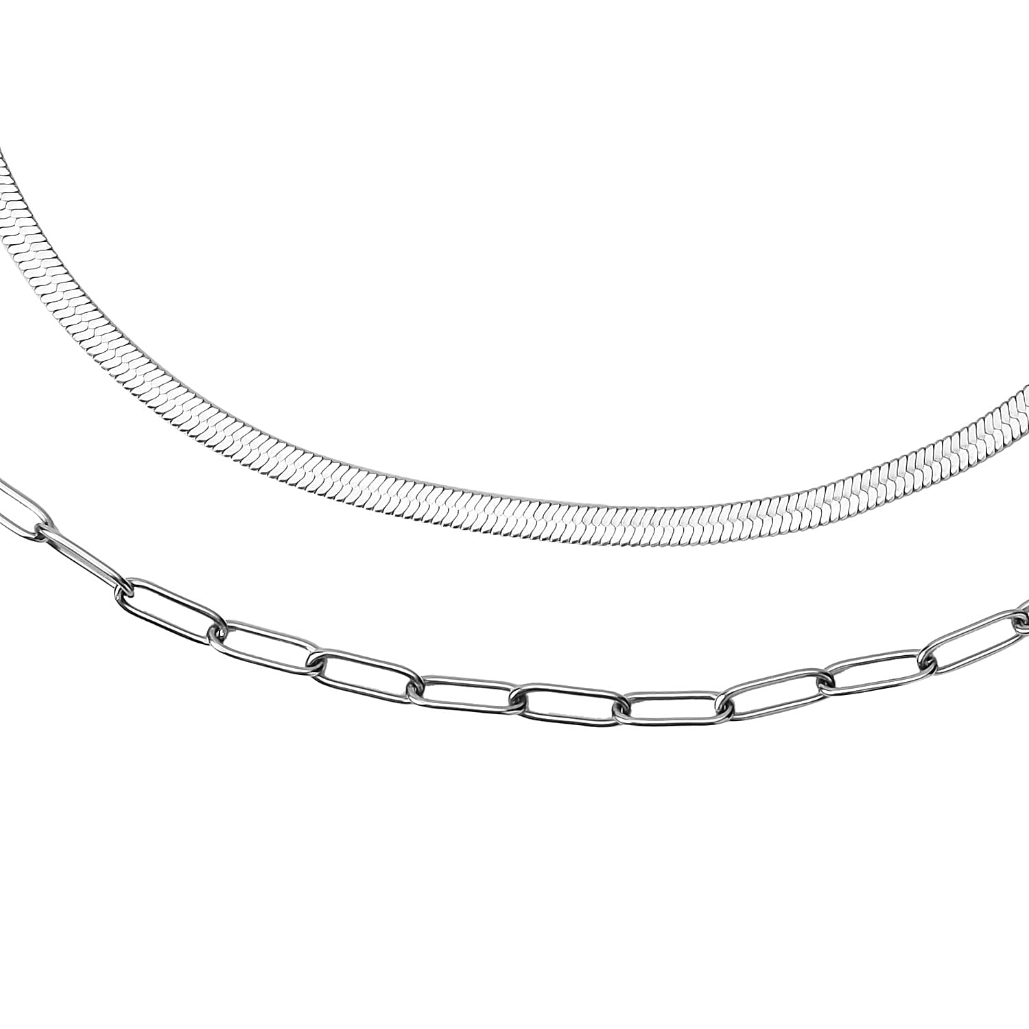 Set of 2 Snake & Paper Linked Chain Necklace in Stainless Steel (16-18/18-21 Inches)
