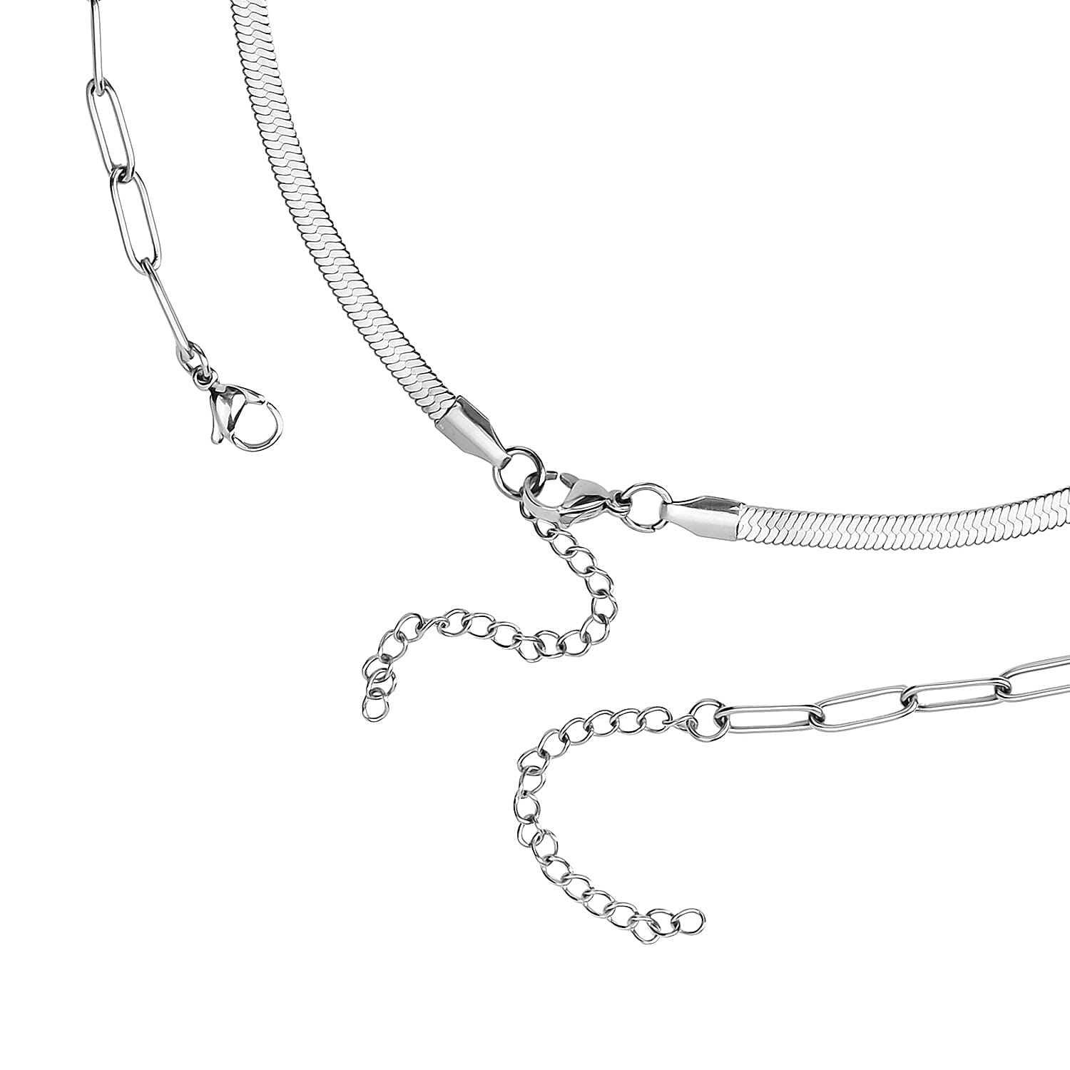 Set of 2 Snake & Paper Linked Chain Necklace in Stainless Steel (16-18/18-21 Inches)