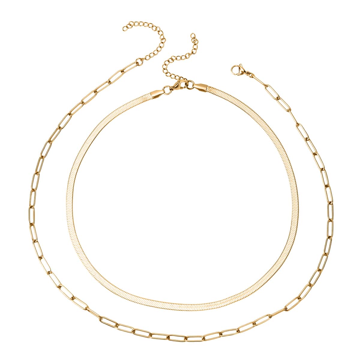 Set of 2 Snake and Paper Linked Chain Necklace in ION Plated Yellow Gold Stainless Steel 16-18/18-21 Inches image number 0