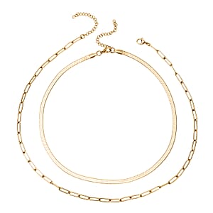 Set of 2 Snake and Paper Linked Chain Necklace in ION Plated Yellow Gold Stainless Steel 16-18/18-21 Inches
